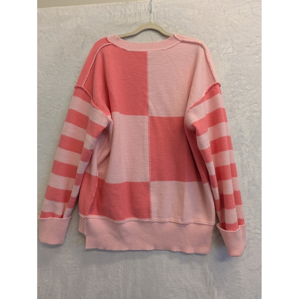 Pink Striped Checkerboard Sweater Womens XL Pullover Long Sleeve Knitwear